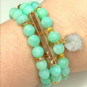3 beaded bracelets druzy charm gold bar (a1028)